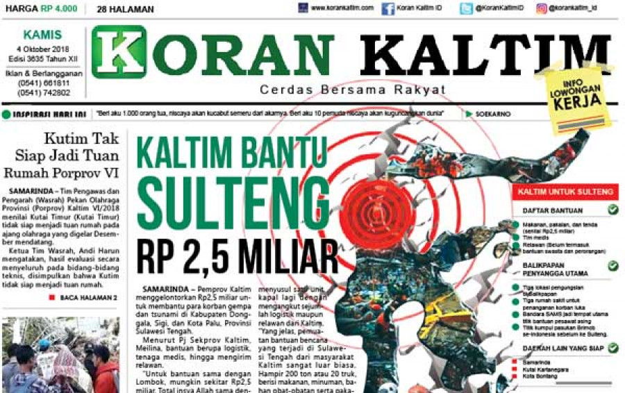 Kaltim Bantu Sulteng Rp 2,5 Miliar
