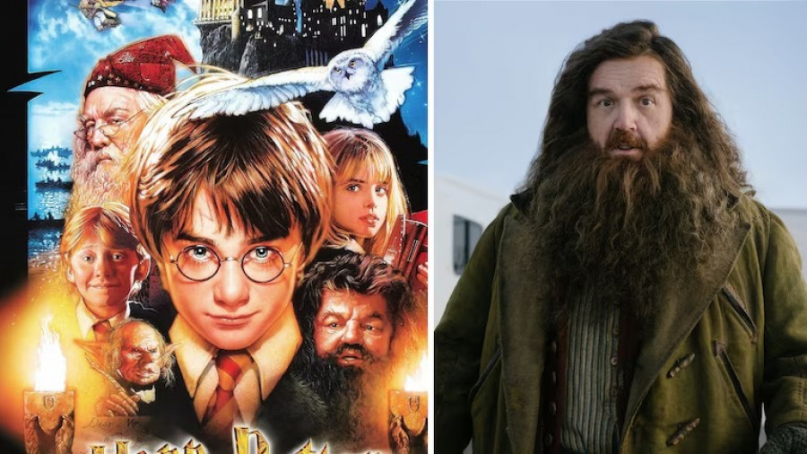Kostum Nick Frost (foto kanan) yang akan dikenakan dalam film Harry Potter terbaru tahun 2027 mendatang sangat mirip dengan kostum yang dibuat Chris Columbus pada film yang sudah diproduksi sebelumnya. (Warner BrosPictures/HBO)