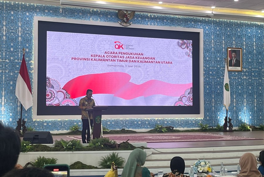 Gubernur Kaltim, Rudy Mas’ud saat menyampaikan sambutan di pengukuhan Kepala OJK Kaltim, Senin (11/5/2026), (Rafik/Korankaltim.com).