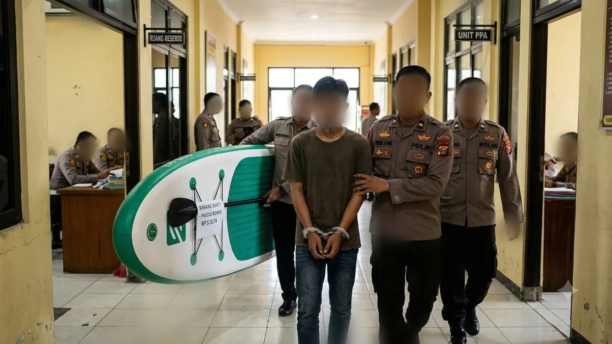 Ilustrasi penangkapan pelaku dengan dugaan pencurian paddle board di Kecmatan Tenggarong Seberang. (Foto: Dok.Ai Gemini Flash/Muhammad Asnhori)