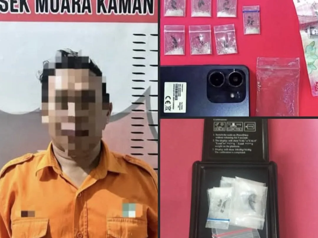 elaku dan barang bukti sabu hingga sejumlah uang yang diamankan kepolisian. (Foto: Dok.Polsek Muara Kaman)