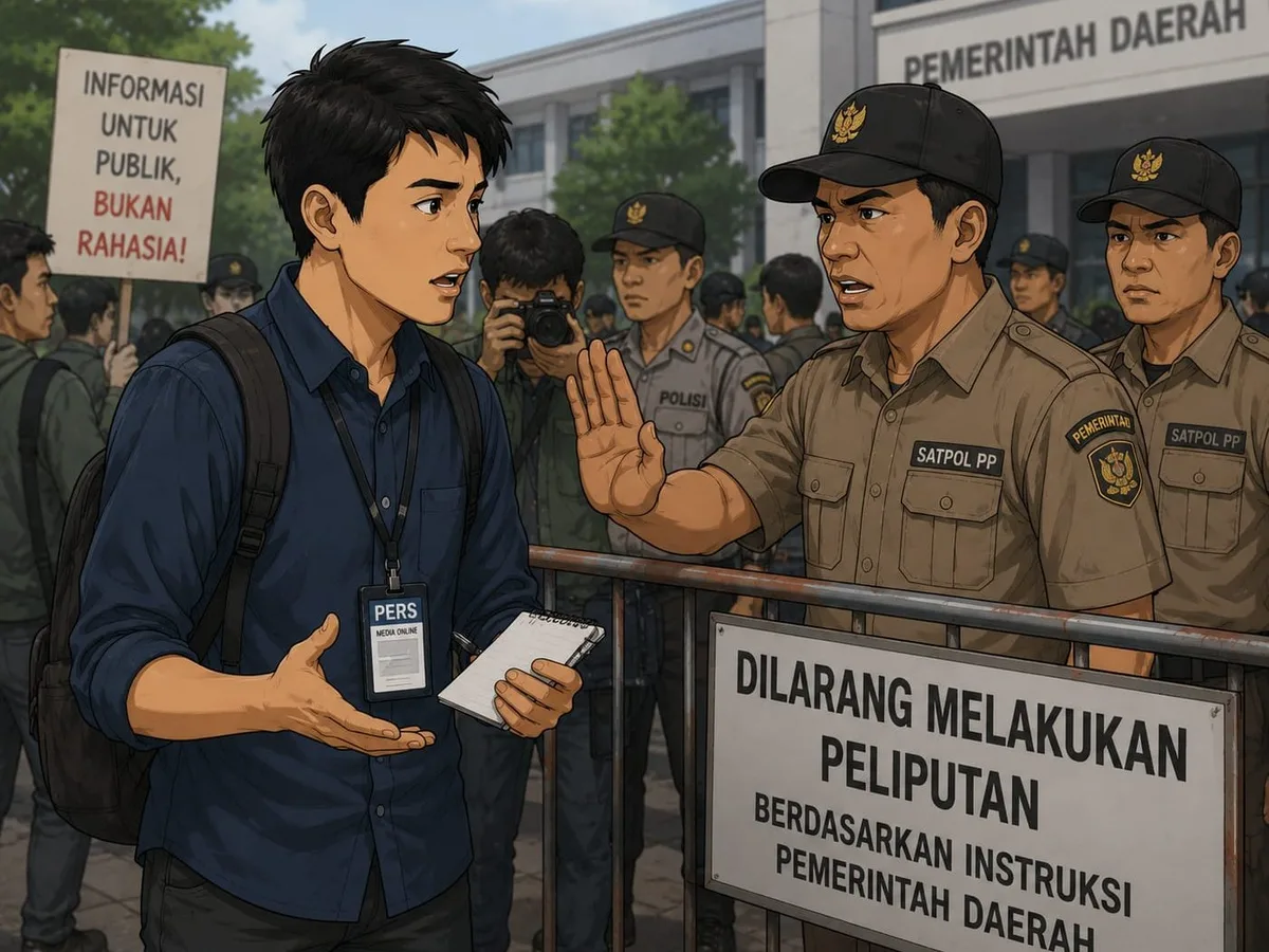 Ilustrasi pembatasan peliputan yang diterima oleh wartawan. (Foto: Open AI)