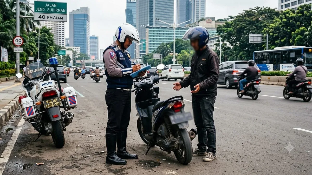 Ilustrasi Pengendara motor dengan ban gundul yang di tilang pihak kepolisian. (Foto: Ai Gemini/Adnan/KoranKaltim.com)