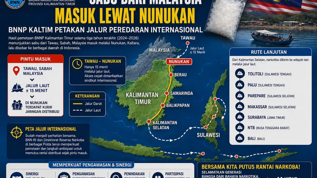 Narkotika Jenis Sabu dari Malaysia Masuk Lewat Nunukan Kaltara, BNNP Kaltim Petakan Jalur Peredaran Internasional