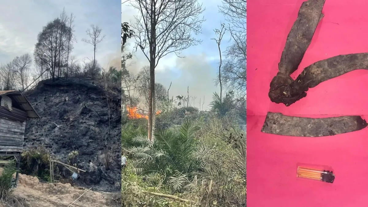 Lokasi lahan disengaja dibakar dan barang bukti karet ban yang telah diamanakan polisi. (Foto: Dok.Polsek Muara Jawa)
